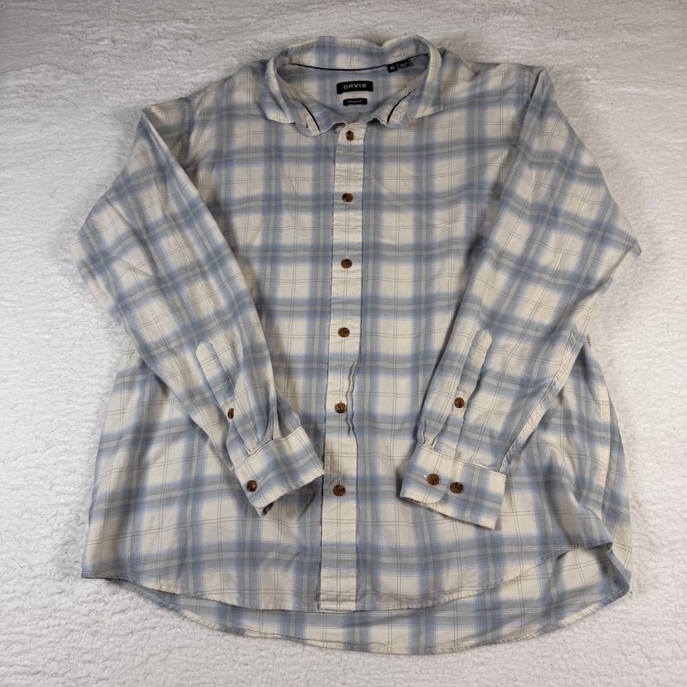 Orvis Mens XL Classic Fit Plaid Shirt Blue Cream Long Sleeve Button Up Casual